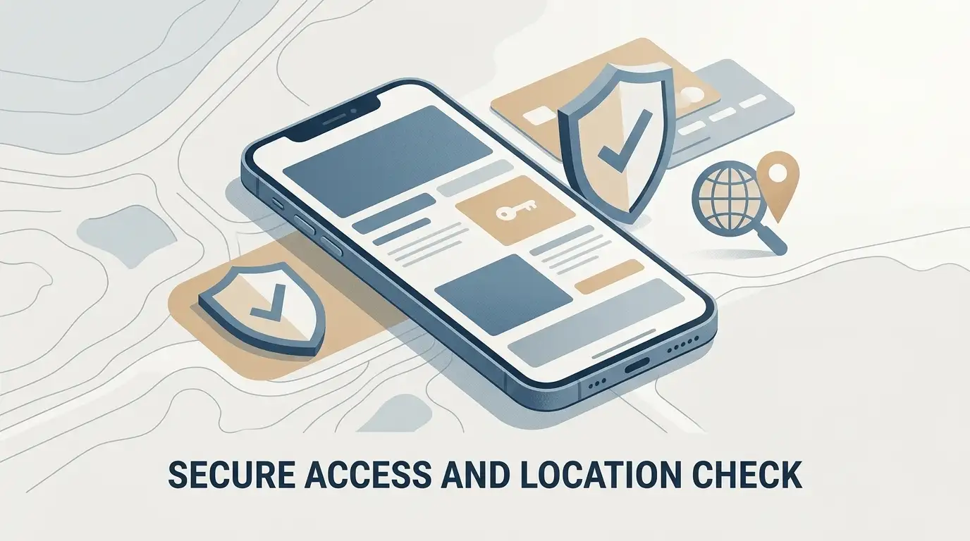 Editorial illustration representing mobile casino access and verification checks